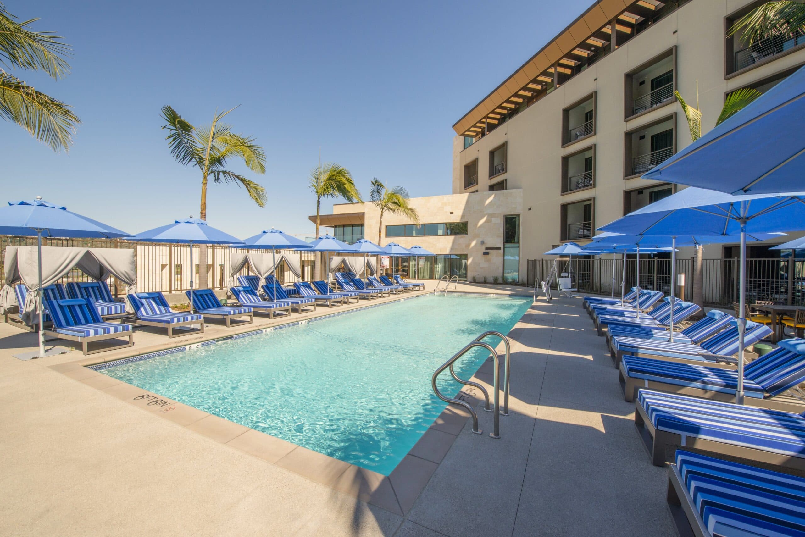 Pool area with loungers and palm trees